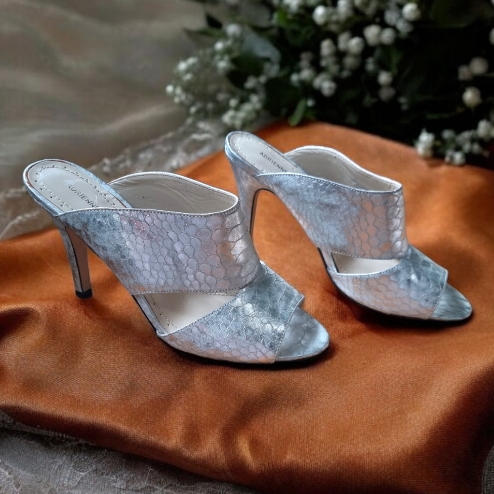 ADRIENNE VITTADINI Silver Snakeskin Slip-On High Heel Sandals Size 8.5
